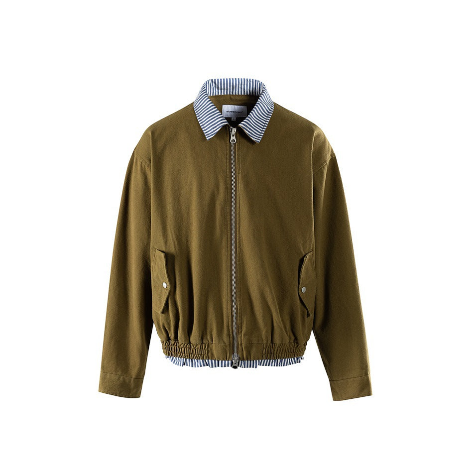 Olive green zip-front jacket with striped collar, snap flap pockets and elastic hem with striped trim, front view
