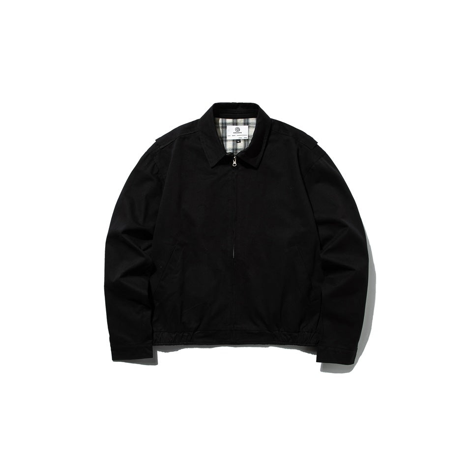 Black collared zip-front cropped jacket, flat lay front view, plaid pattern inside collar and elastic hem