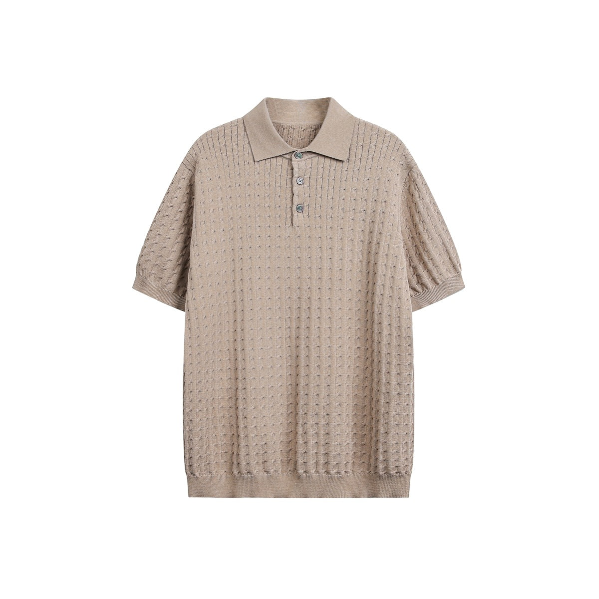 Camel short-sleeve knit polo with cable-style texture, collar and three buttons, flat lay front view