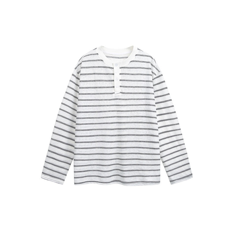 White long-sleeve henley top with gray horizontal stripes and button placket, flat front view