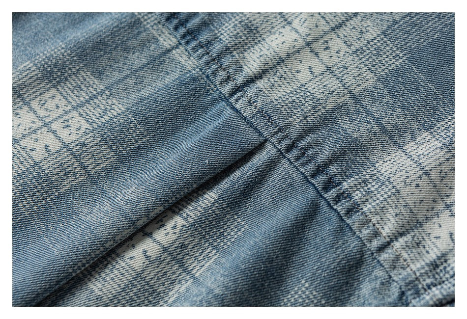 Close-up of stitched denim panels with a blue-and-white mottled pattern.