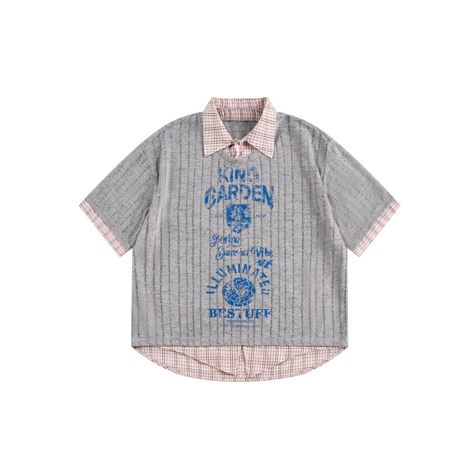 Gray short-sleeve layered top with pink plaid collar, cuffs and hem and a blue KING GARDEN graphic