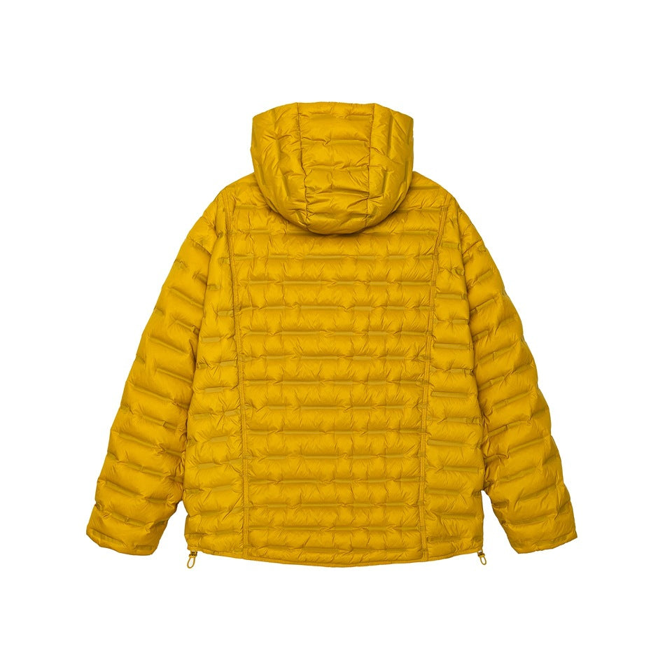 Back view of a mustard yellow hooded puffer jacket with horizontal quilting and adjustable hem cords on white.