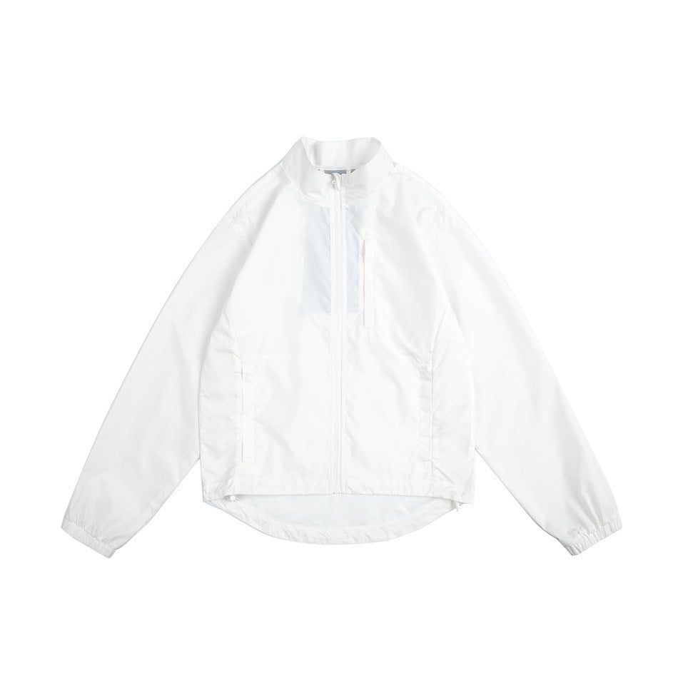White stand-collar zip jacket flat lay with gray chest panel, chest zip pocket and elastic cuffs