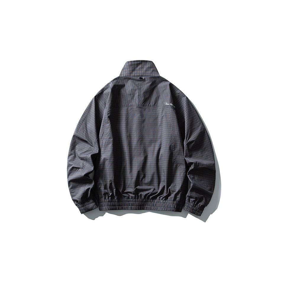 Dark gray fine-check jacket shown from the back, with a raised collar and elastic cuffs and hem.