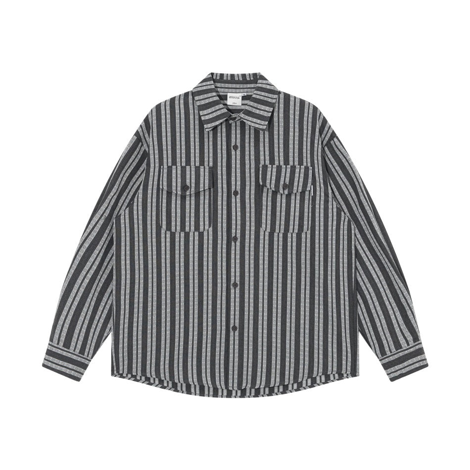Gray striped long-sleeve button-up shirt with two flap chest pockets, flat lay front view