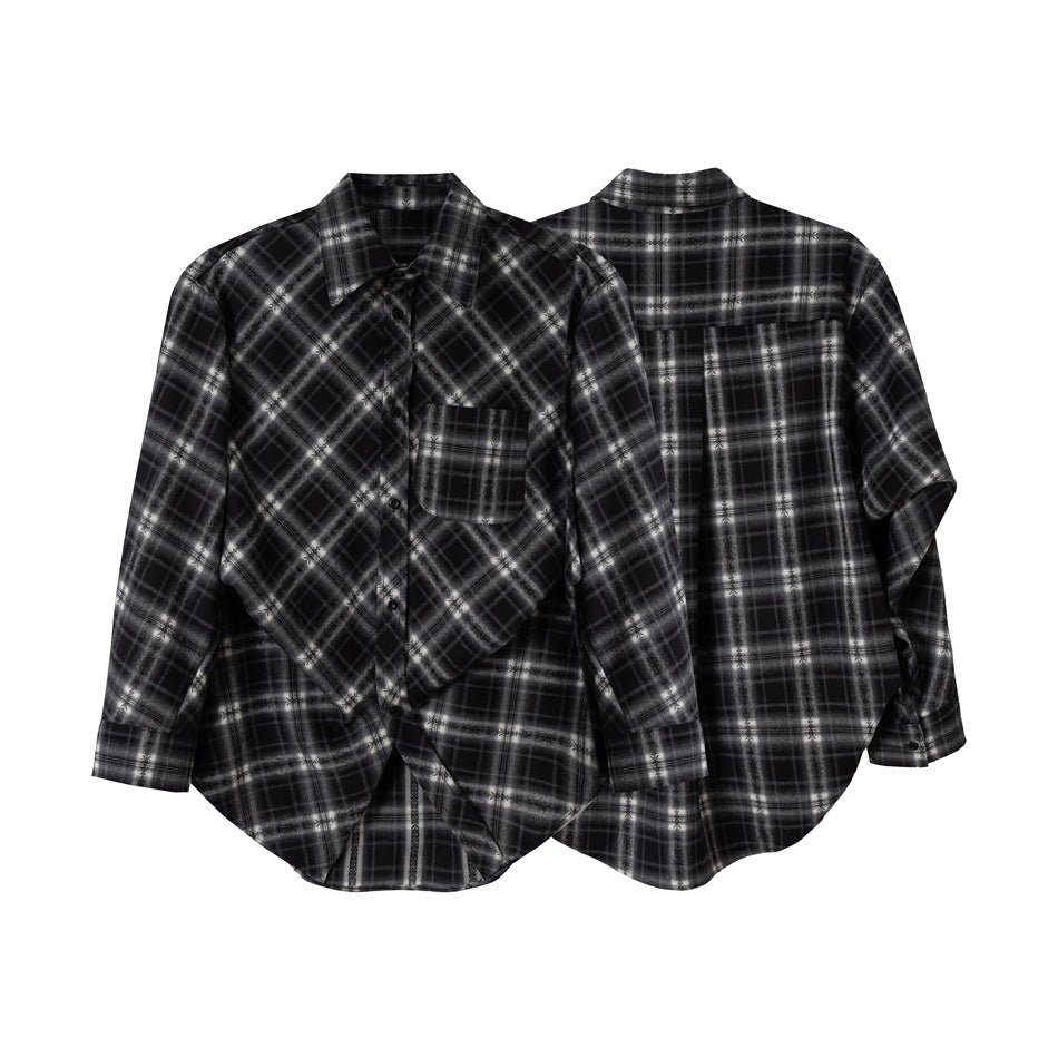Black and gray plaid button-up shirt shown from the front and back on a white background.