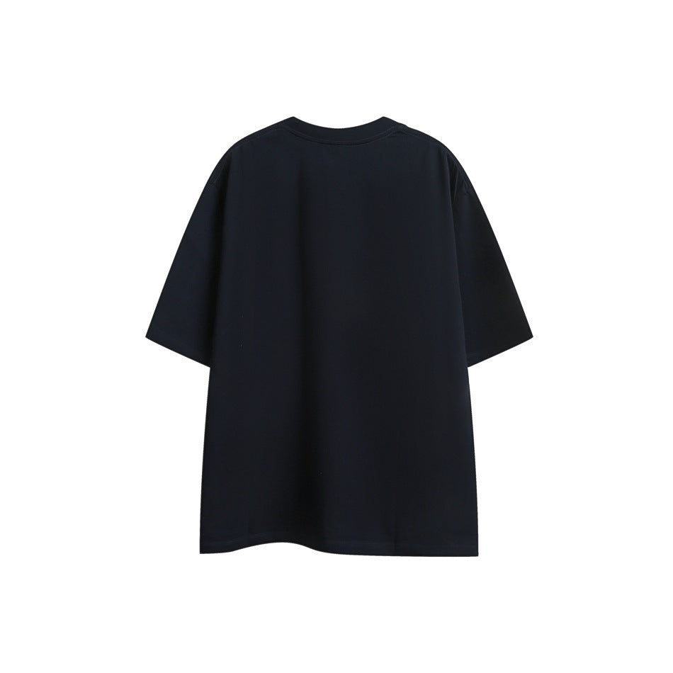 Back of a plain black short-sleeve T-shirt.