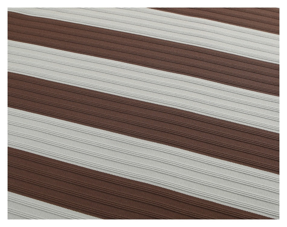 Close-up of the shirt’s alternating brown and light gray horizontal stripes and raised ribbed texture.