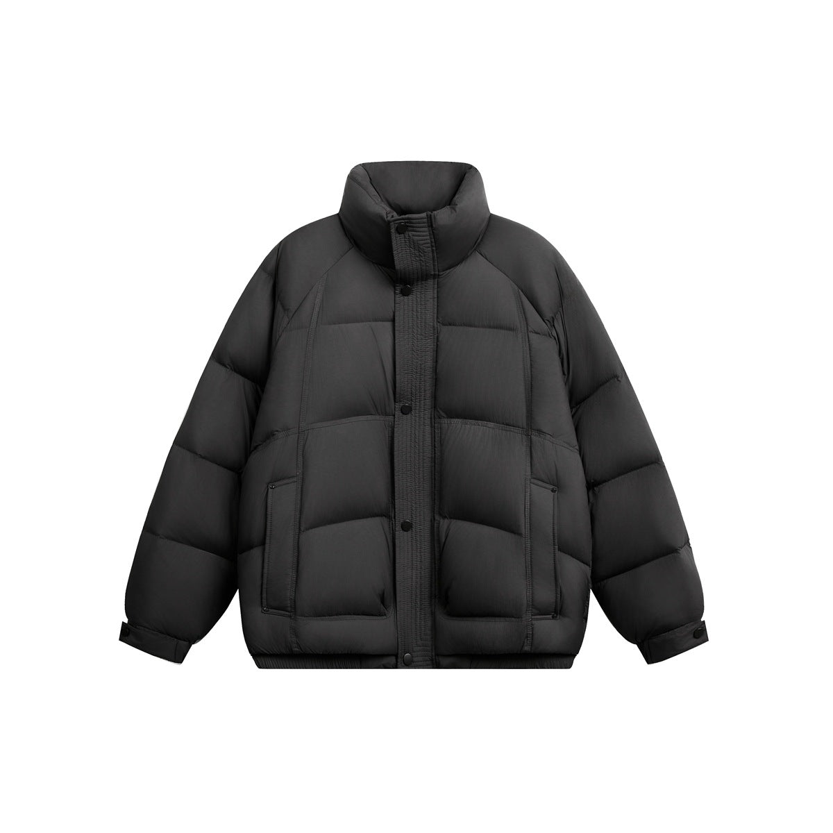 Dark gray puffer jacket with stand collar, snap placket, raglan sleeves and front pockets, flat front view