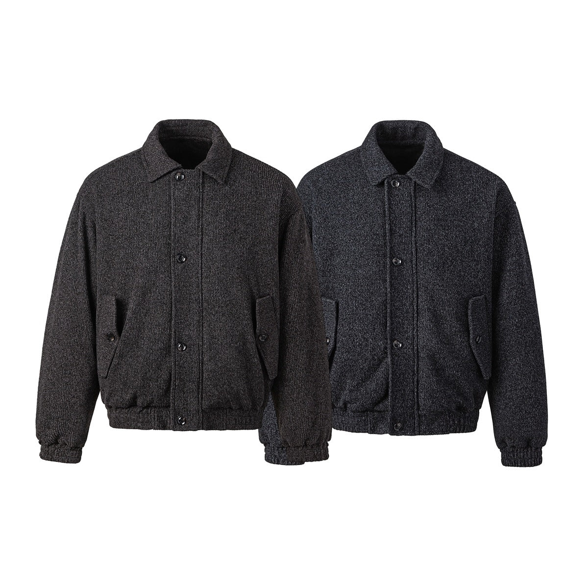 Two front views of button-front textured jackets in charcoal brown and dark gray, with collars and flap pockets.