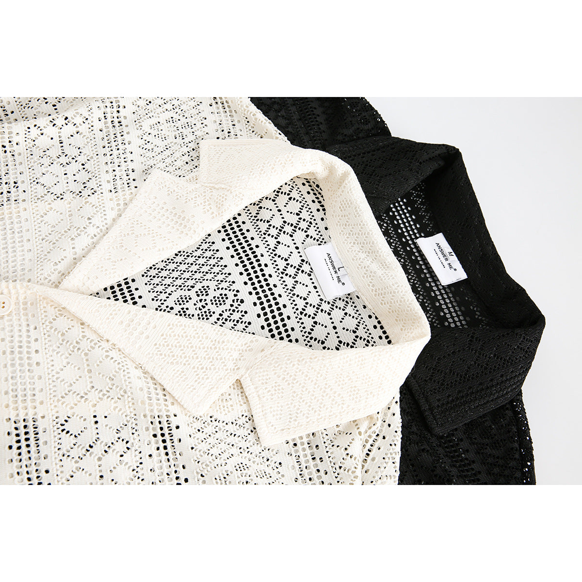 Close-up of cream and black short-sleeve shirts showing openwork patterns, collars, and sewn-in neck labels.