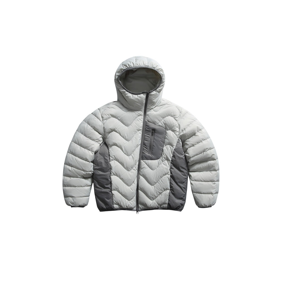 Light gray hooded puffer jacket with wavy quilting, diagonal zipper, darker gray side panels and chest pocket