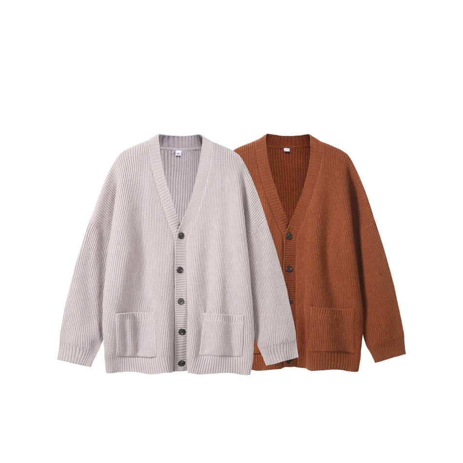 Two button-front ribbed cardigans with V-necks and patch pockets, in light gray and rust brown.