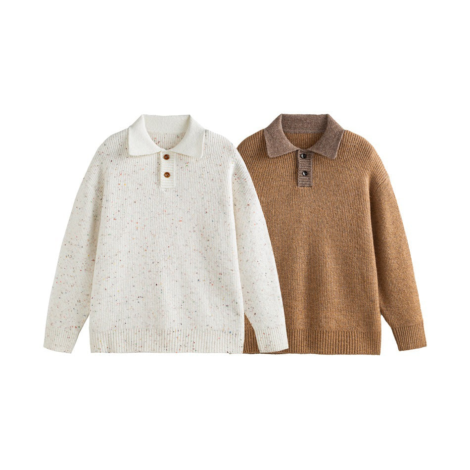 Two knit polo sweaters shown side by side: ivory with colorful flecks and camel brown with a taupe collar.