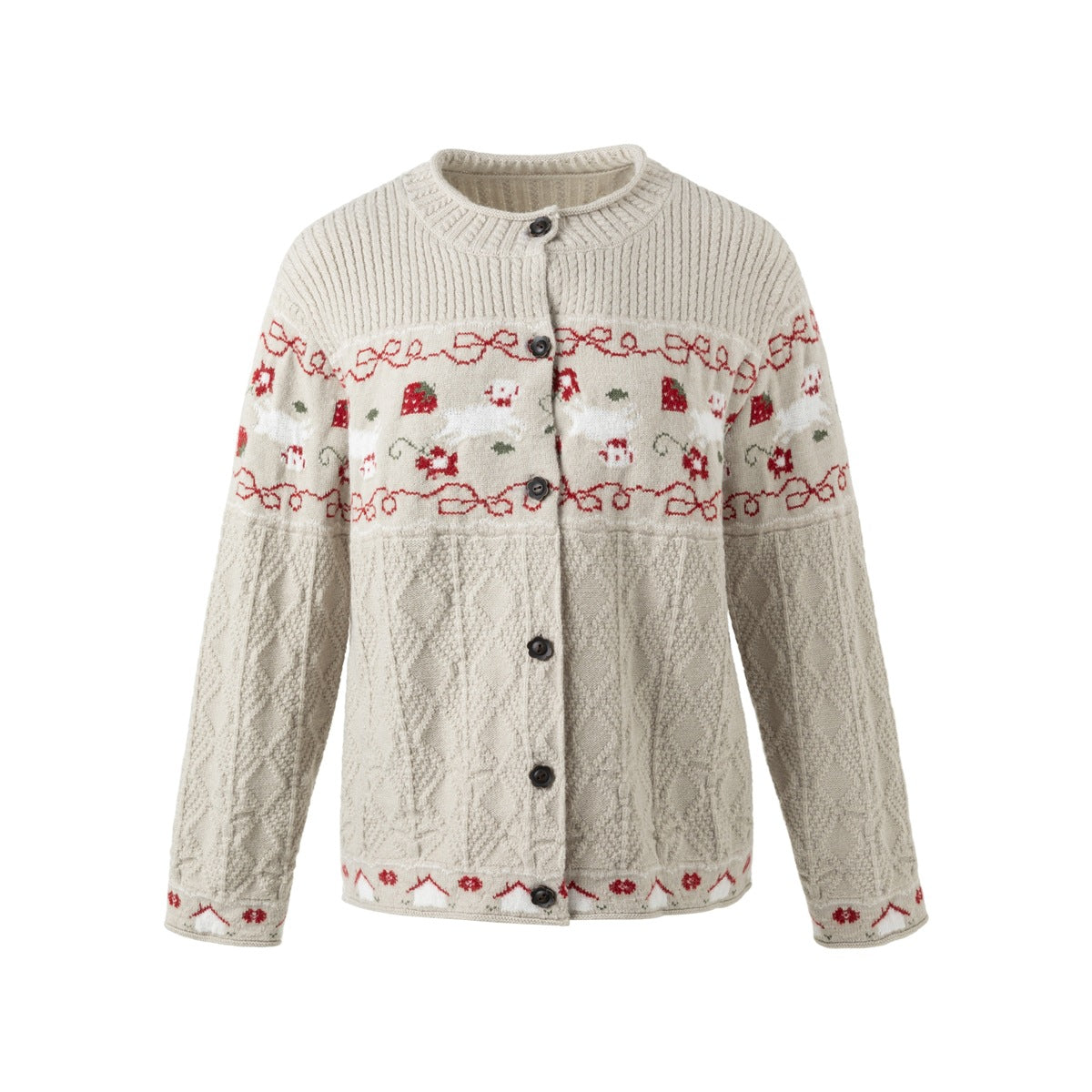Gray-beige button-front knit cardigan with red and white strawberry jacquard band and cable-knit body, front view
