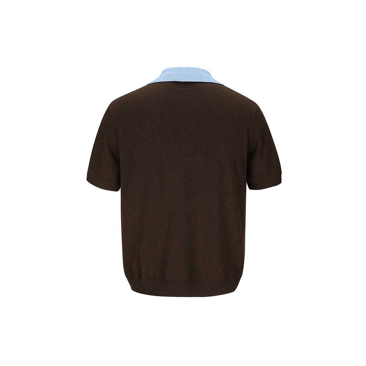 Back view of a dark brown short-sleeve knit polo with a pale blue collar and ribbed hems.