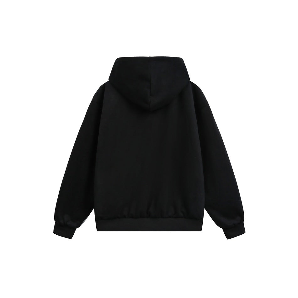 Back view of black hooded jacket flat lay with plain back, hood and ribbed cuffs and hem