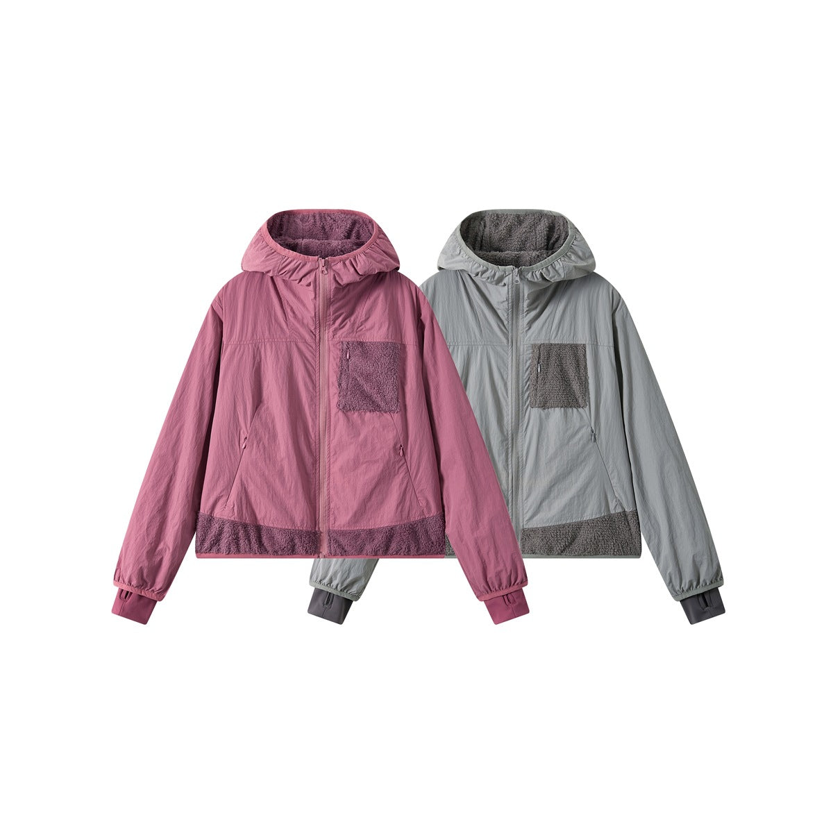 Two hooded jackets shown from the front, one mauve pink and one light gray, with fuzzy chest pockets and hem panels.