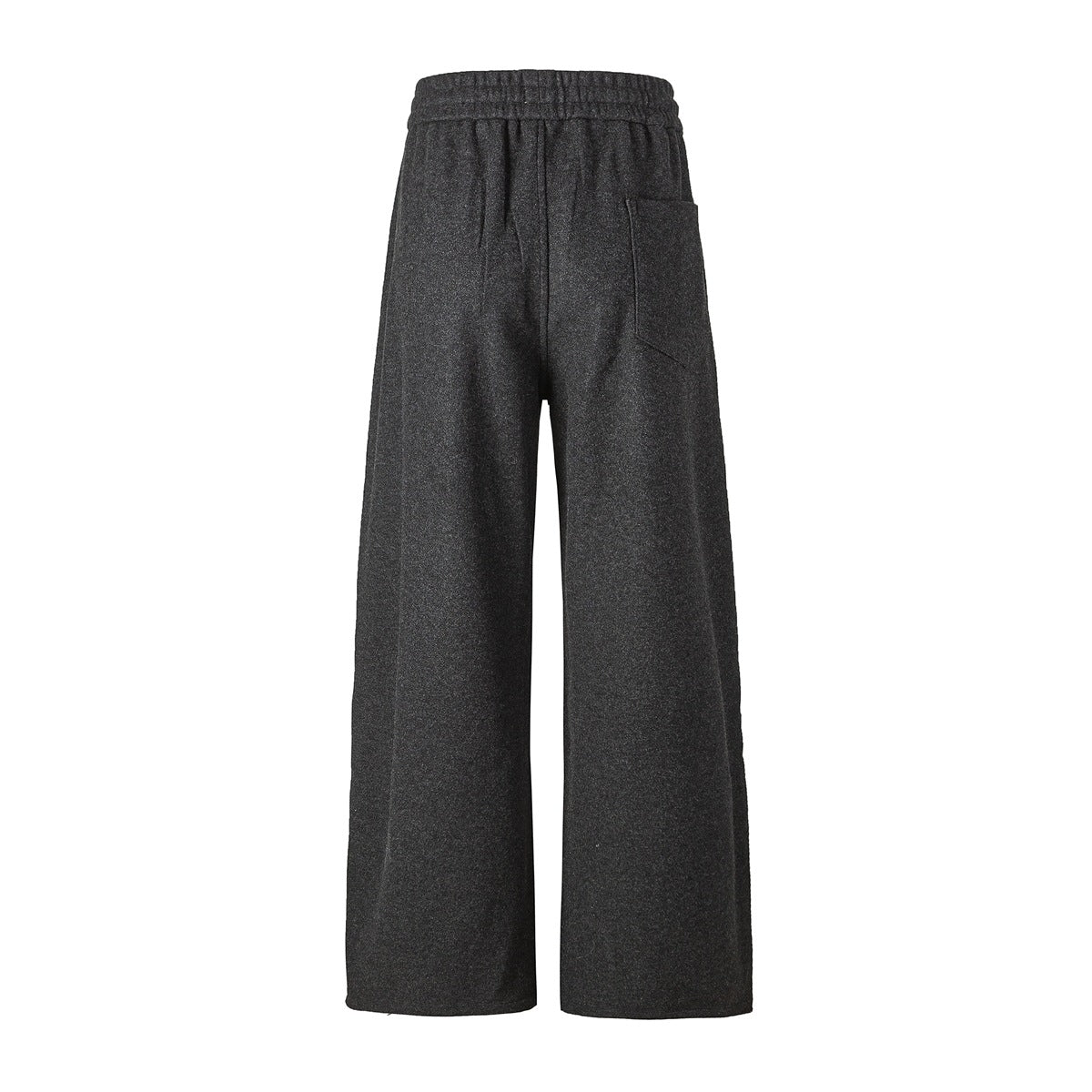 Back view of dark gray wide-leg pants with elastic waistband and a patch pocket