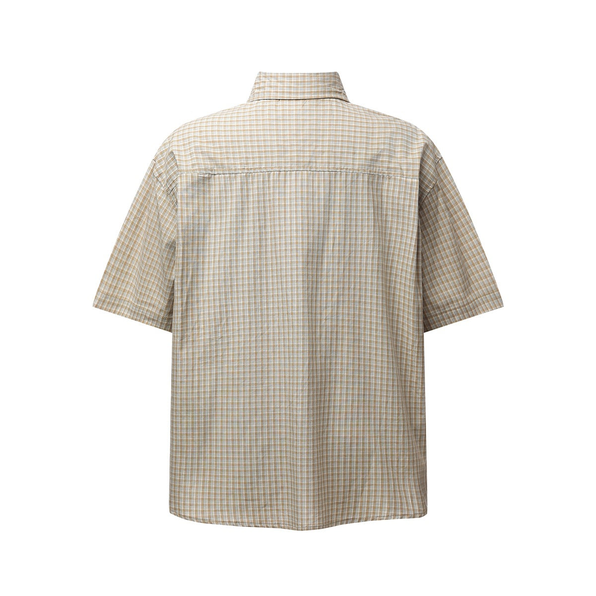 Back view of khaki check short-sleeve shirt showing yoke seam and collar