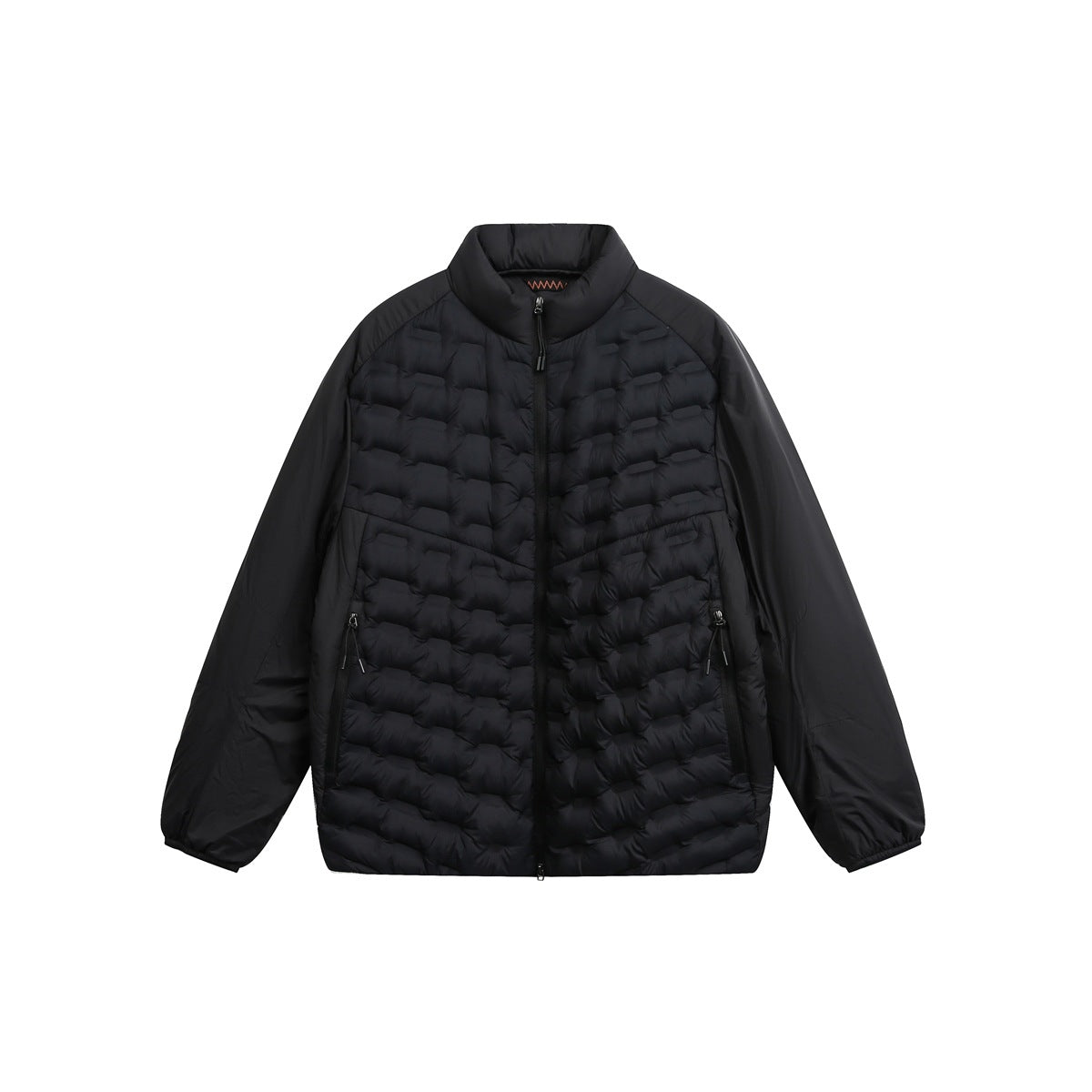 Black quilted stand-collar puffer jacket, front view, with center zipper and zippered pockets