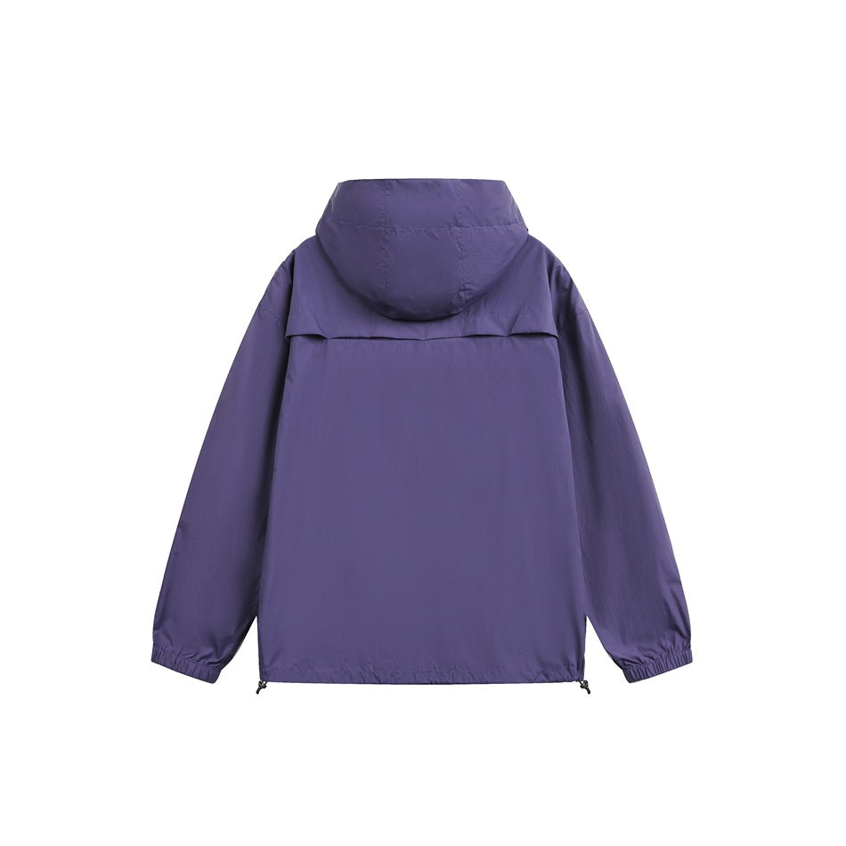 Back view of a purple hooded jacket with elastic cuffs and adjustable hem cords on a white background.