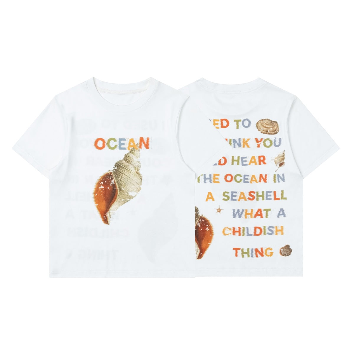White short-sleeve T-shirt shown from front and back, with a colorful seashell graphic and text.