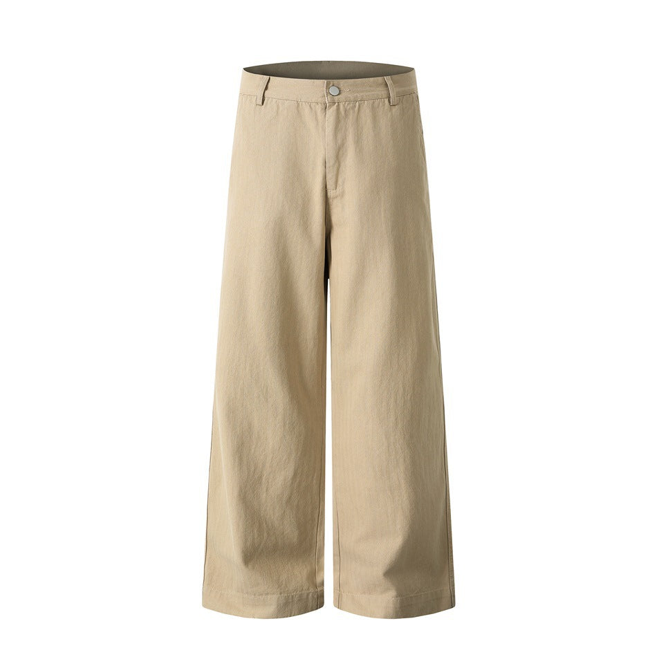 Khaki wide-leg trousers, front flat lay, with button closure, belt loops and flat waistband