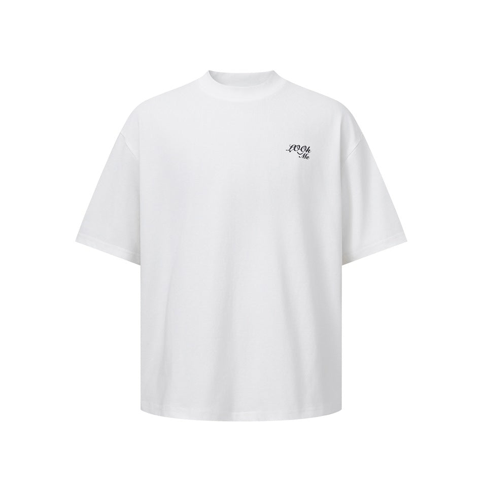 White short-sleeve T-shirt with a small black script design on the chest.