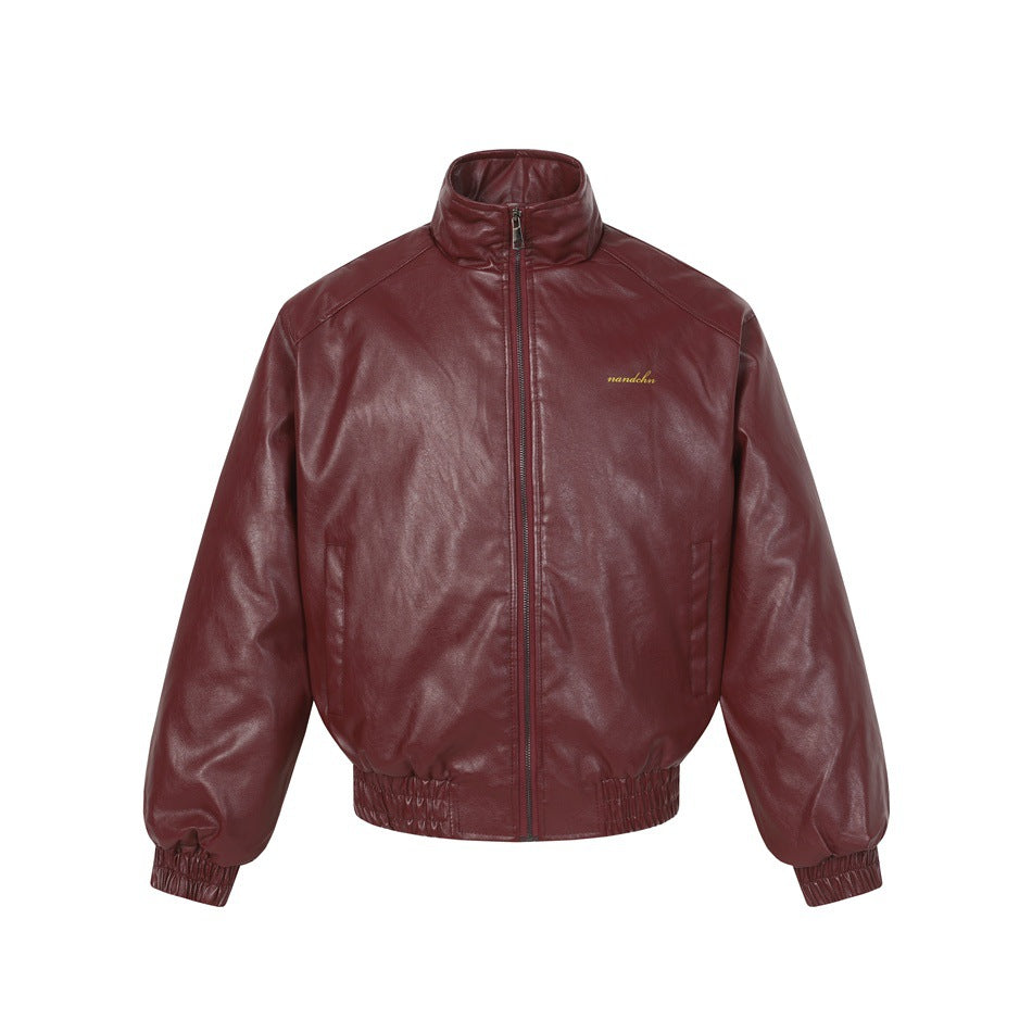 Burgundy red leather-look bomber jacket with stand collar, front zipper and elastic cuffs, front view
