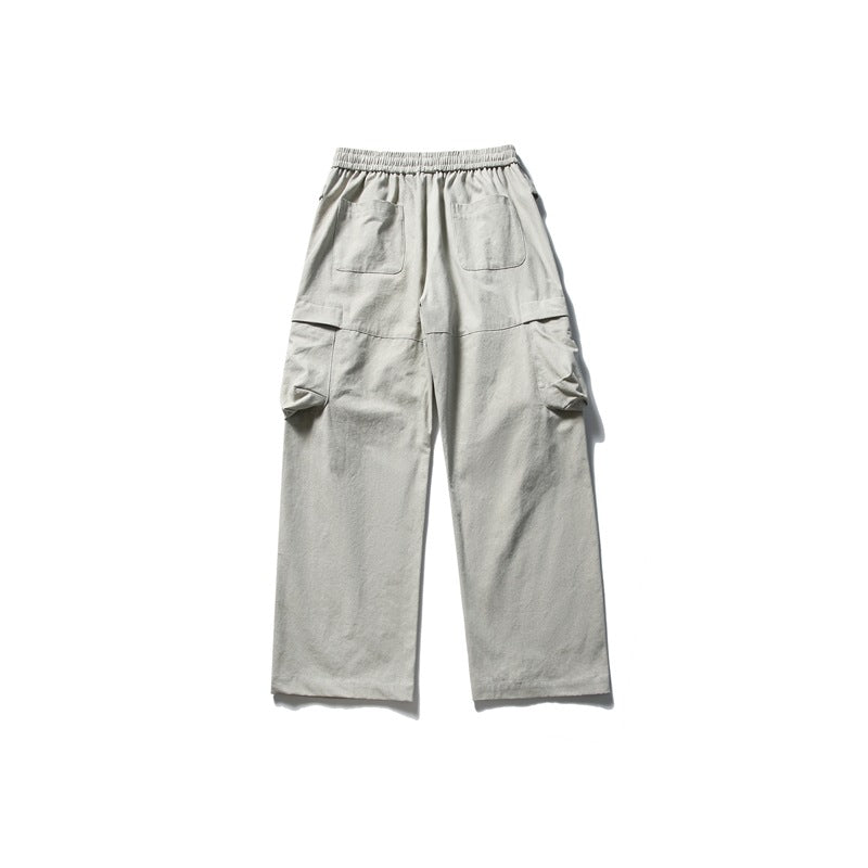 Back view of light gray wide-leg cargo pants with two rear pockets and side cargo pockets.