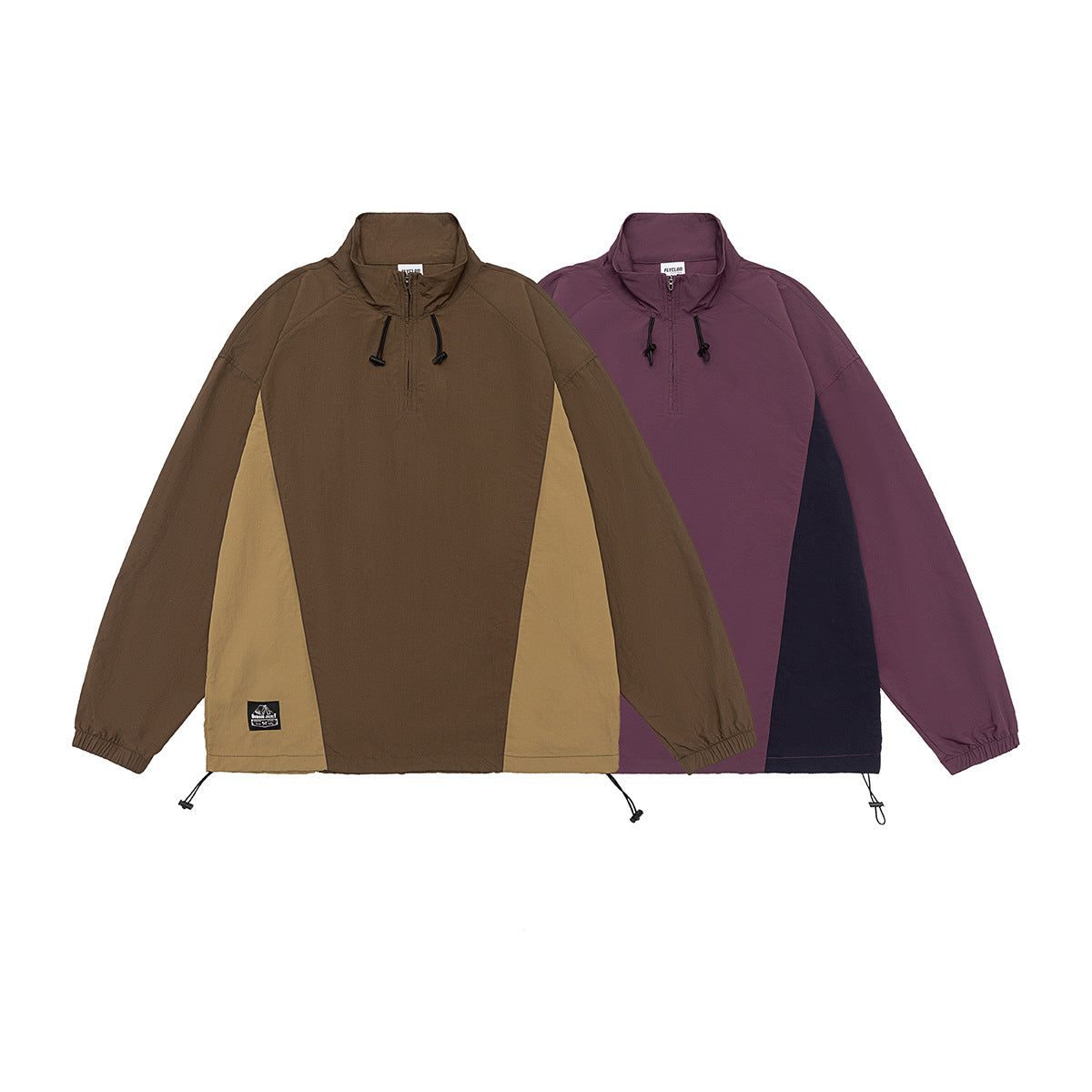 Two pullover jackets shown flat, one brown with tan side panels and one plum with navy panels.