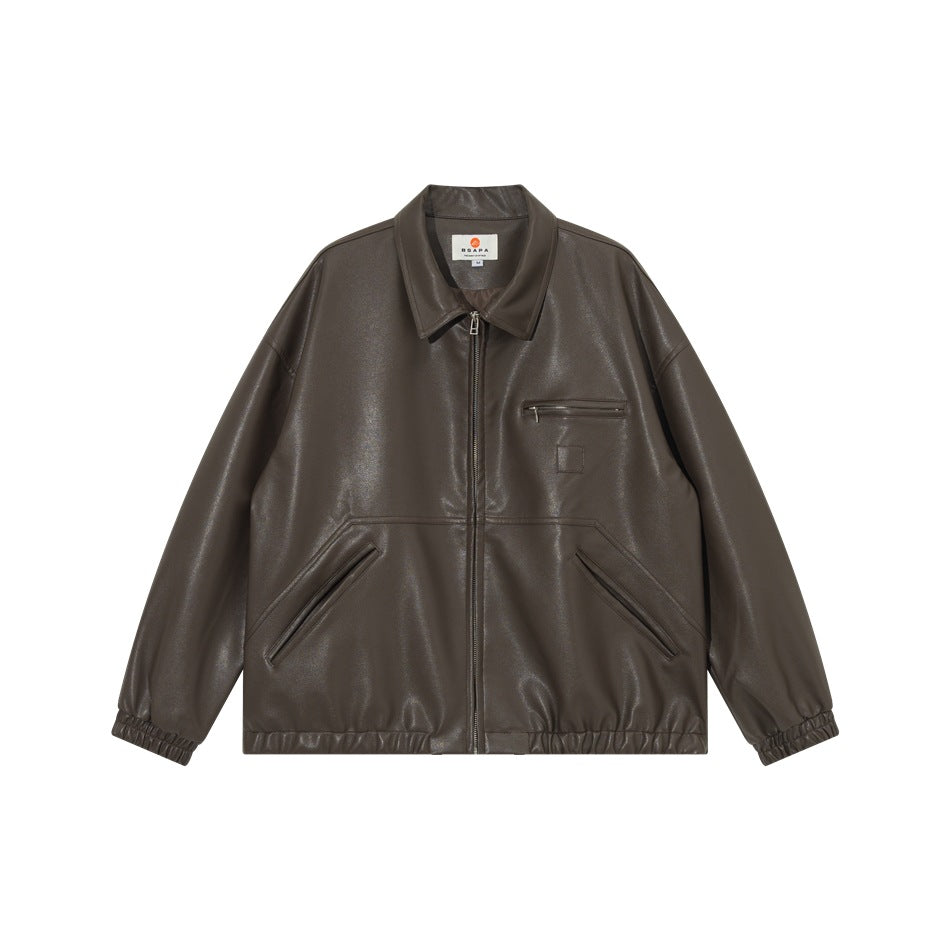 Dark brown faux-leather-look zip jacket, front flat lay, with collar, chest zip pocket, diagonal pockets and elastic hem