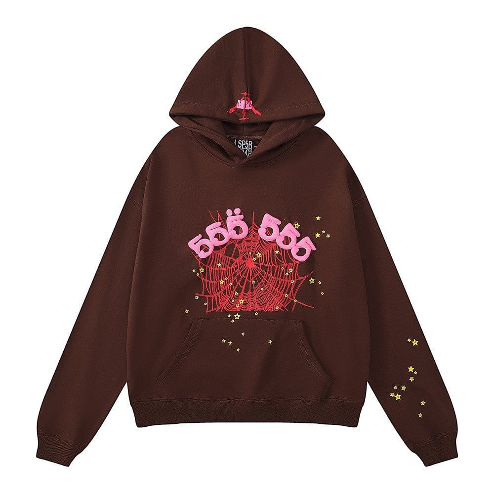 The Sp5der “555 Web” Hoodie is a 440GSM heavyweight oversized streetwear pullover in brown, with red web, pink "555", yellow stars, and a small red spider above the hood opening.