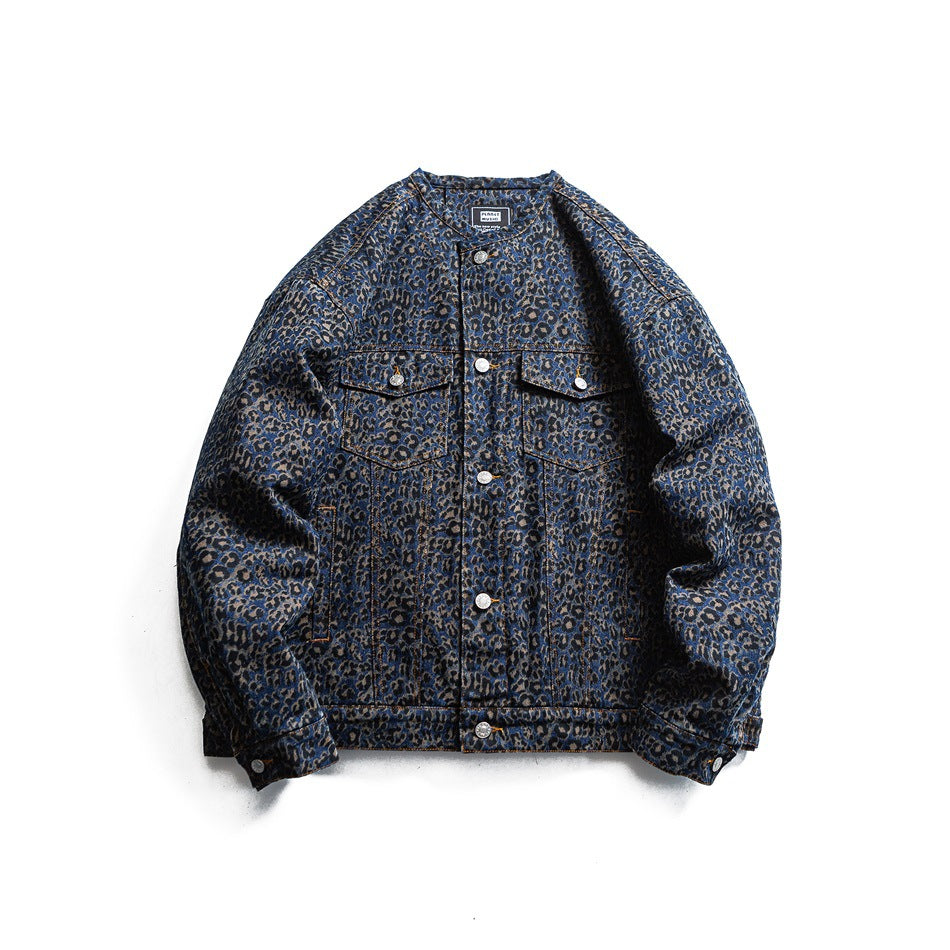 Blue leopard-print denim-style collarless jacket, front view with chest flap pockets and button front
