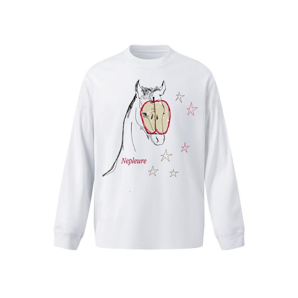 White long-sleeve top with a black-line horse and red apple graphic, stars and red script text on the front