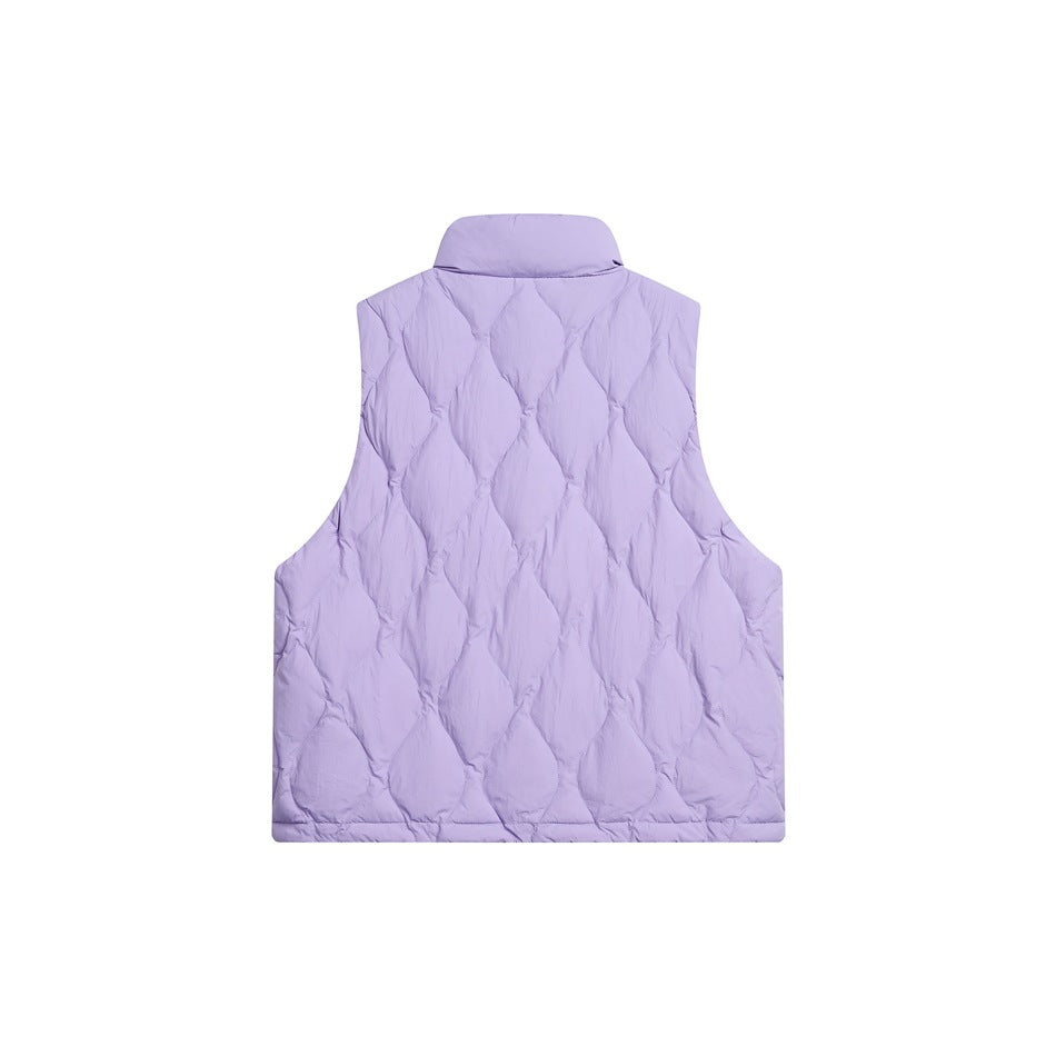 Back view of a lavender sleeveless quilted vest with a stand collar and wavy stitched pattern.