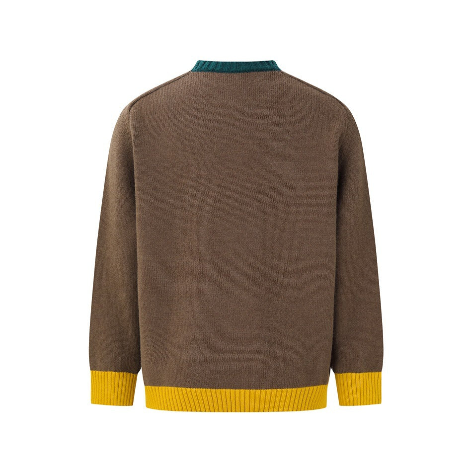 Back view of a brown knit crew-neck sweater with a teal collar and mustard yellow ribbed cuffs and hem.