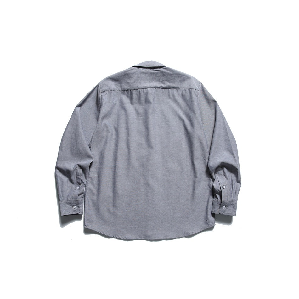 Gray long-sleeve button-down shirt shown from the back, with a shoulder yoke and buttoned cuffs.
