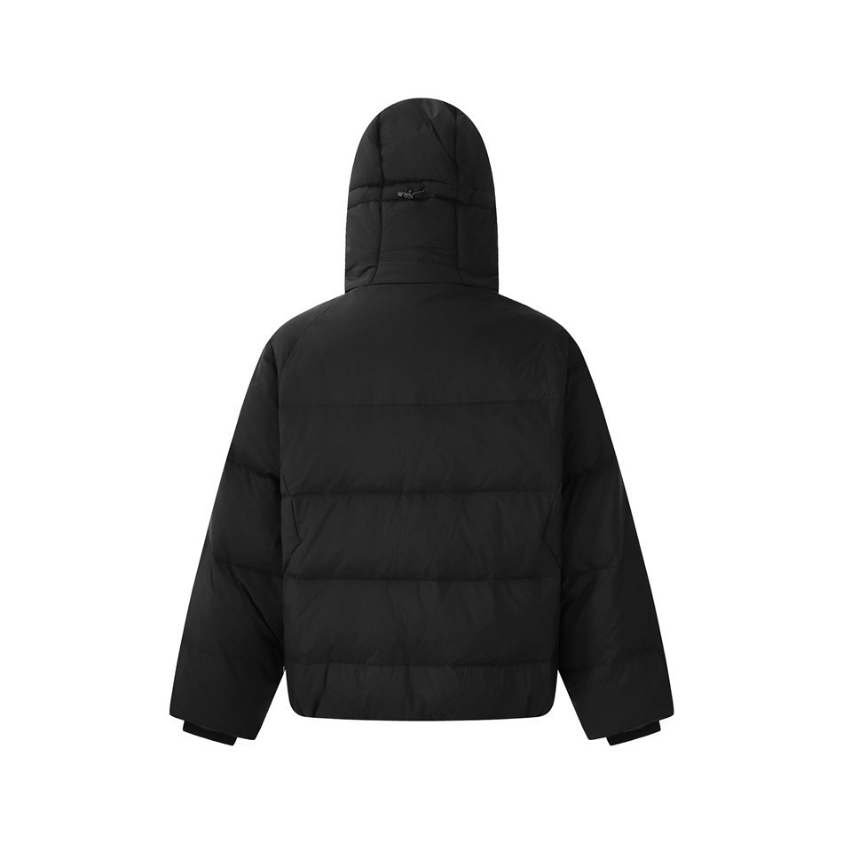 Back view of a black quilted puffer jacket with an attached hood and long sleeves on white.