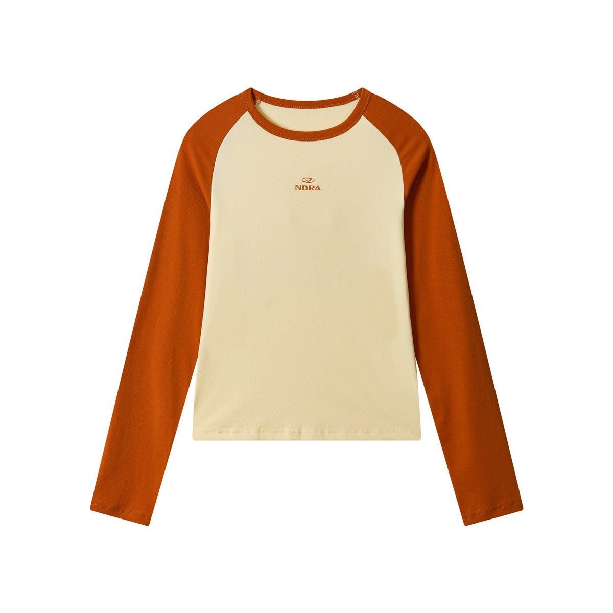 Front view of a cream long-sleeve raglan shirt with rust-orange sleeves and a small chest logo.