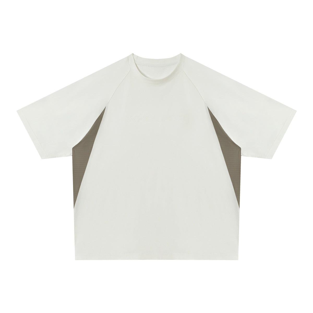 White short-sleeve raglan T-shirt with taupe mesh-textured side panels, flat front view