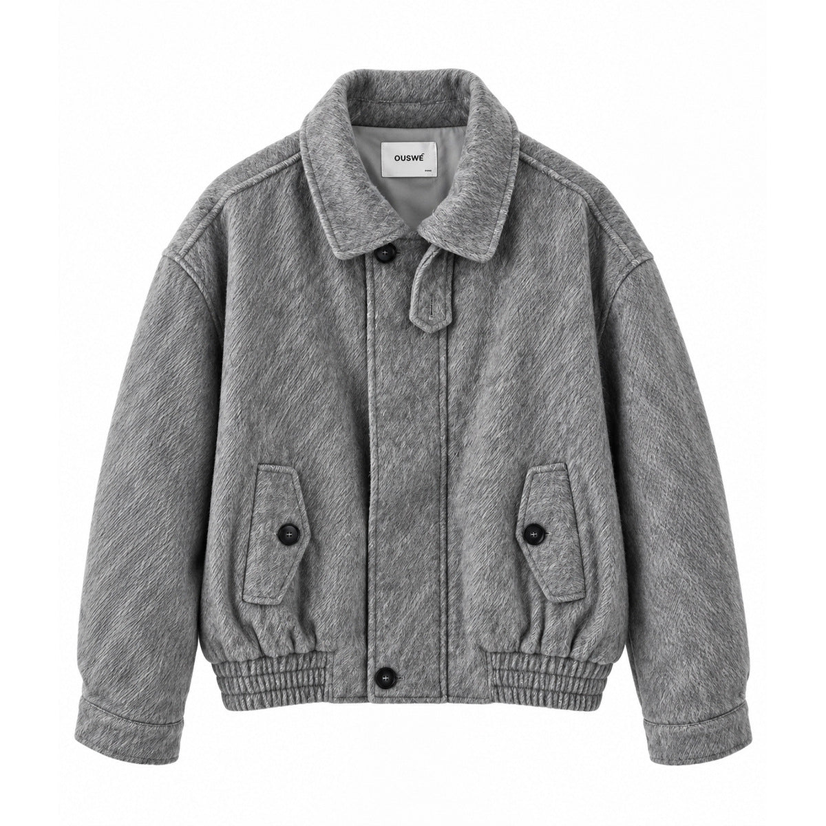 Gray cropped textured jacket with spread collar, button flap pockets and elastic hem, front flat view