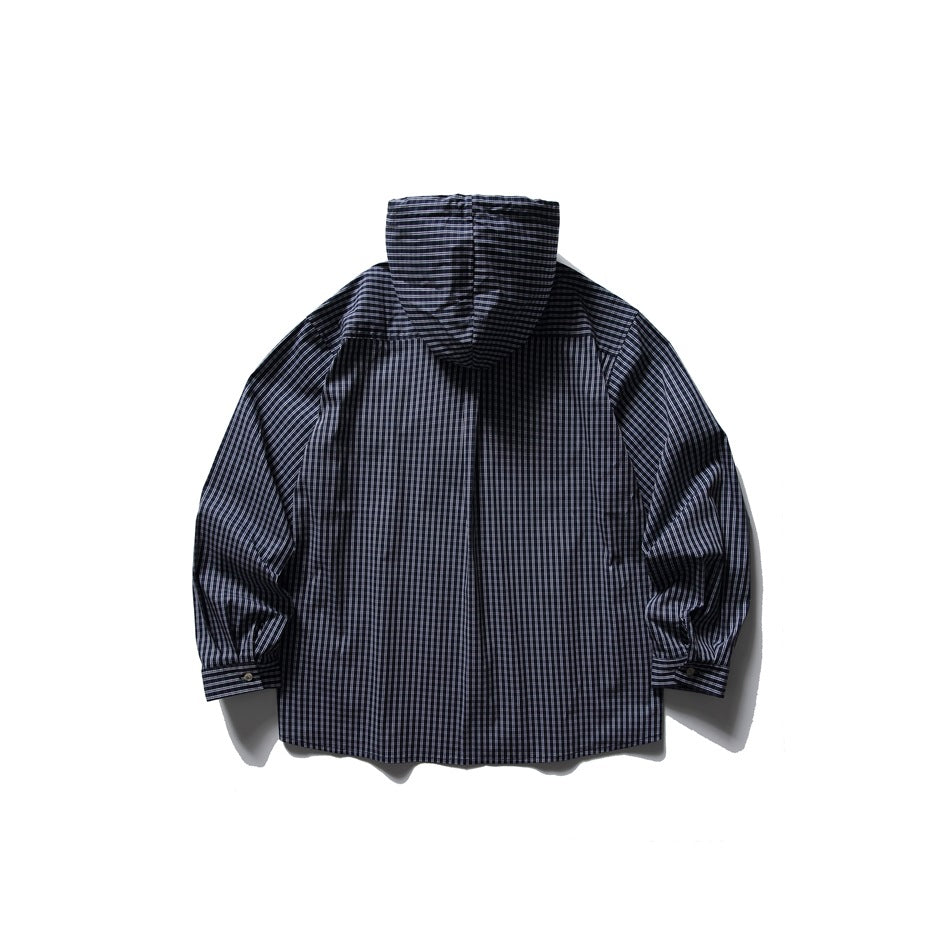Full back view of a dark checked hooded shirt laid flat, with long sleeves and button cuffs.