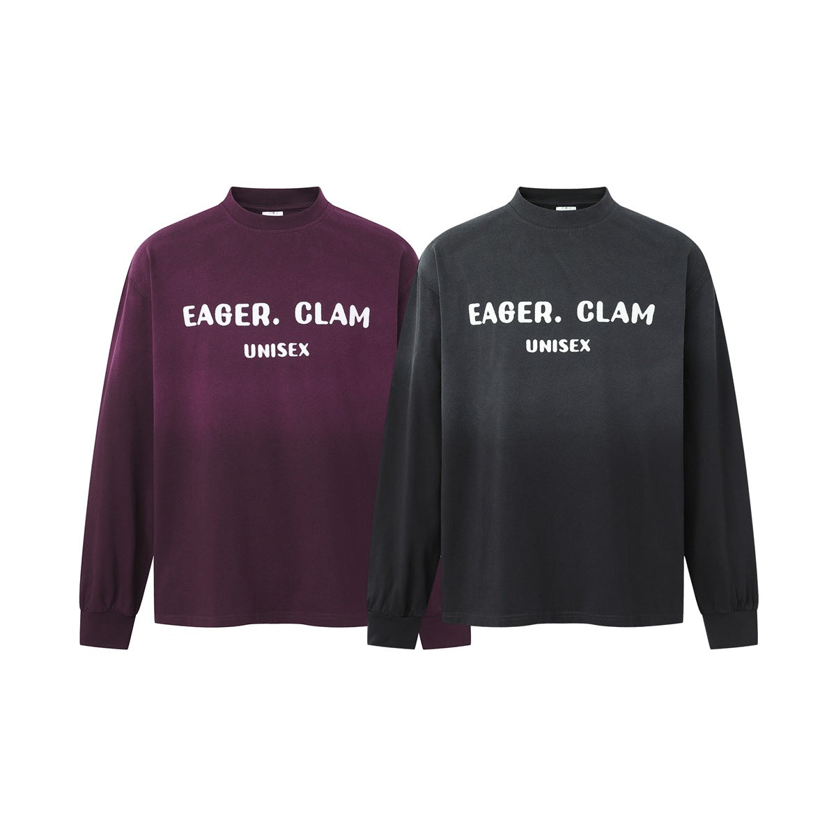 Two long-sleeve crew-neck shirts in plum and charcoal, each with white “EAGER. CLAM” and “UNISEX” lettering.