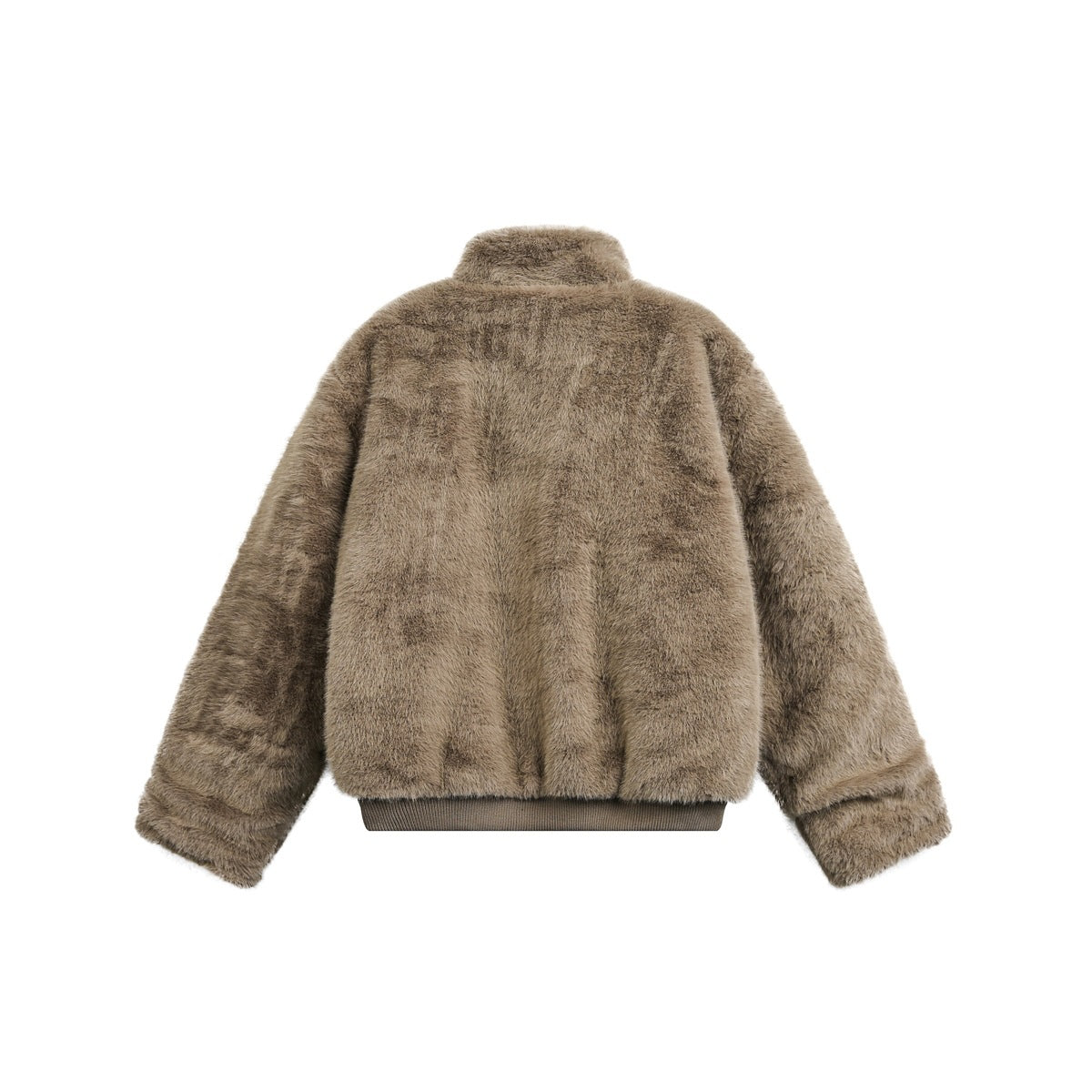 Back view of brown plush faux-fur-style jacket with stand collar and ribbed hem band