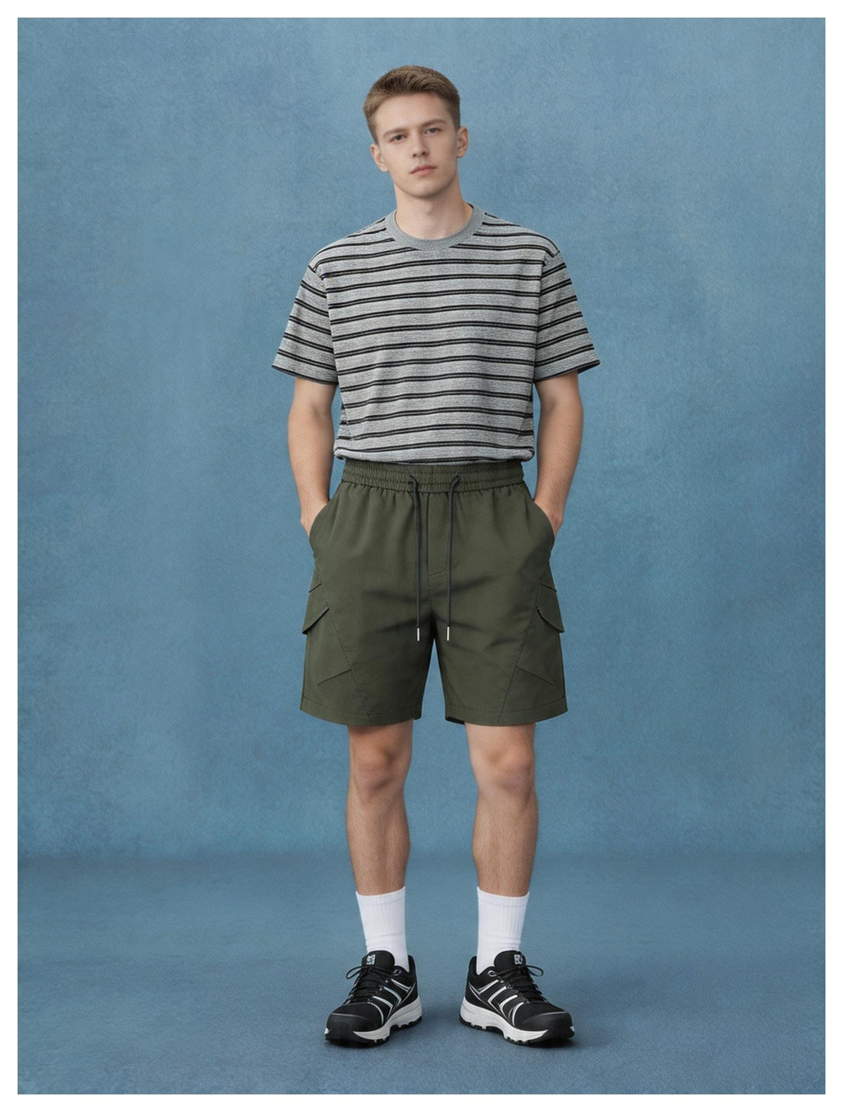 Man in army green cargo shorts and a gray striped tee with hands in pockets against a blue backdrop