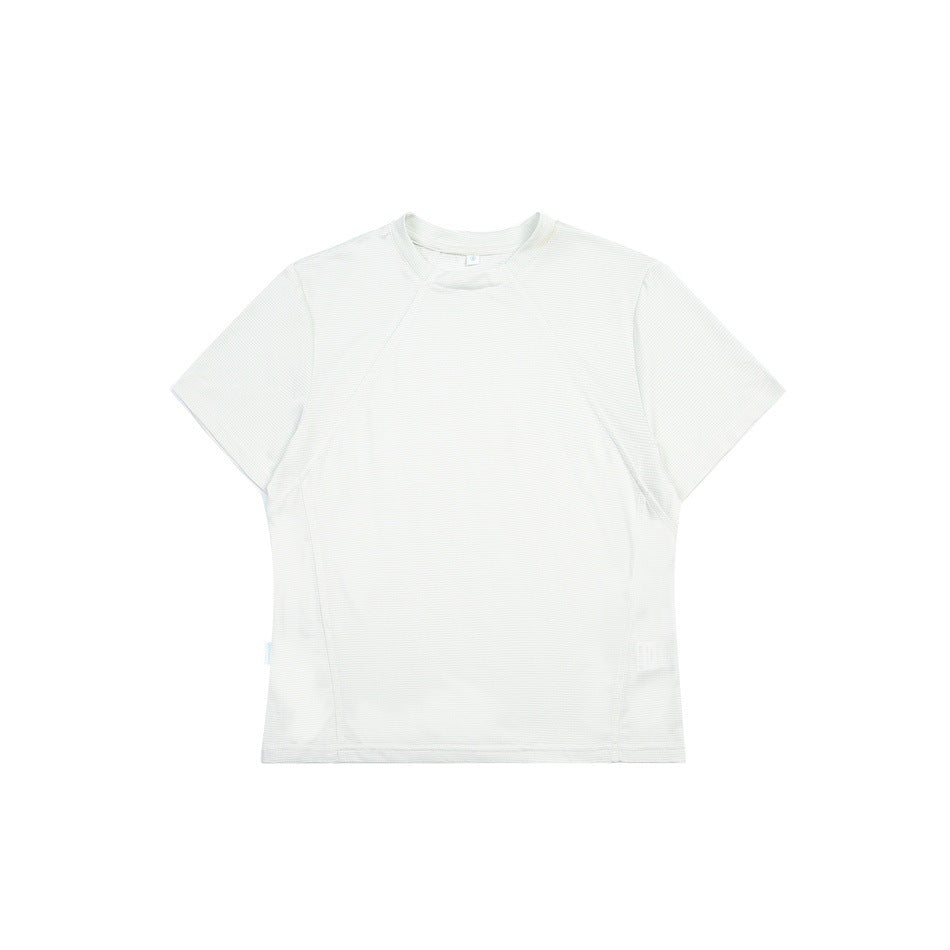 Front view of an off-white short-sleeve crew-neck shirt with fine horizontal texture, curved seams, and a small neck closure.