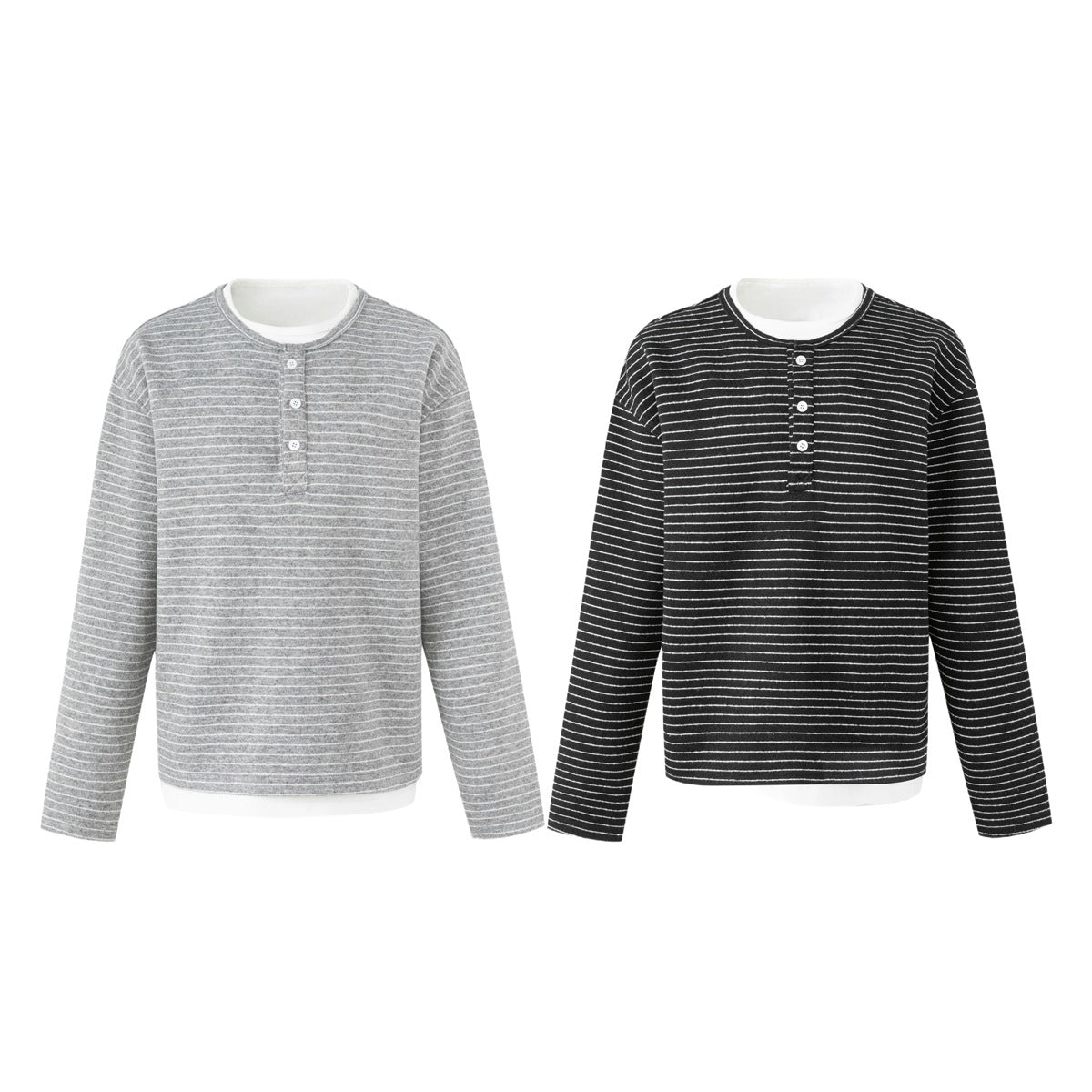 Front views of striped long-sleeve henleys in gray and black, each with a short button placket.